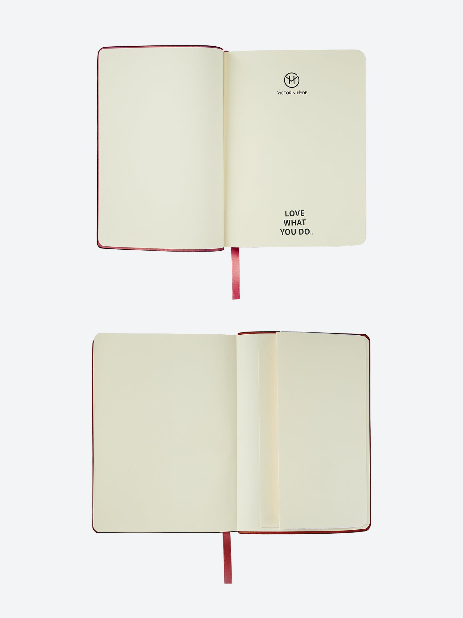 Victoria Hyde Anna Notebook in red featuring the brand logo, 'Love what you do' quote, and blank pages for professional journaling and notes.
