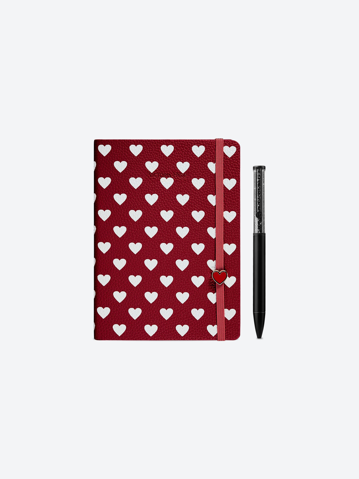 Victoria Hyde Anna Notebook Gift Set in red with heart pattern and elegant black crystal pen, perfect for journaling and office organization.