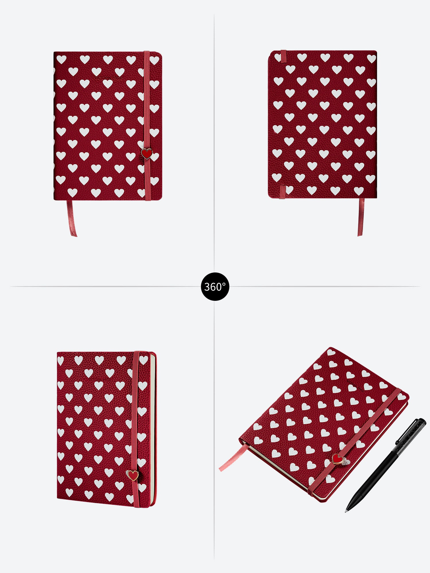 360-degree view of Victoria Hyde Anna Notebook Gift Set in red with heart pattern and black crystal pen, showing all angles of the elegant stationery.