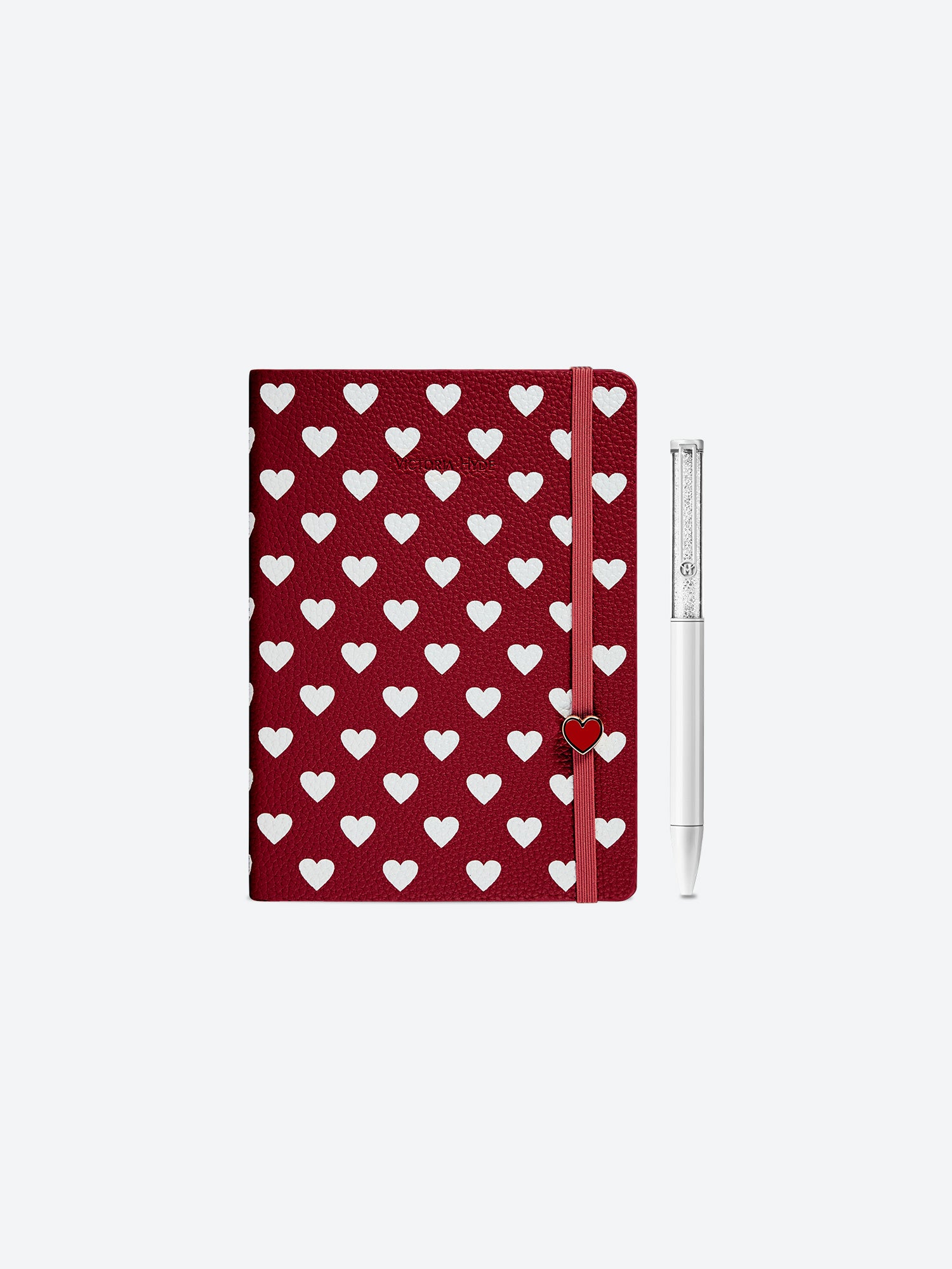 Victoria Hyde Anna Notebook Gift Set in red with heart pattern and elegant white crystal pen, perfect for journaling and office organization.