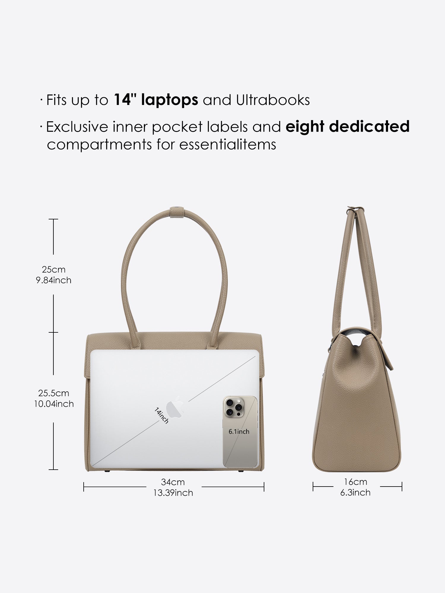 Dimensions chart of Victoria Hyde Jolene Medium beige business bag measuring 34x25.5x16cm designed for 14-inch laptops and ultrabooks