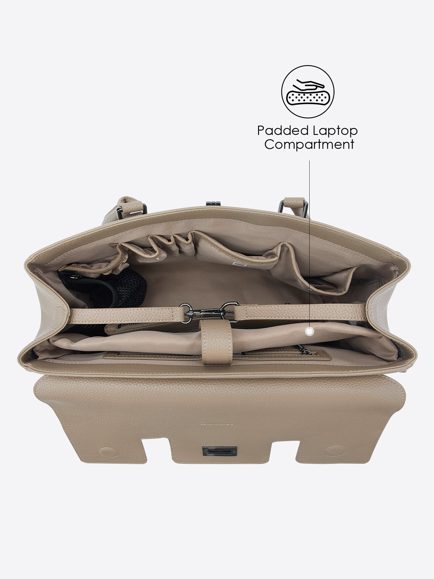 Interior view of Jolene Medium beige business bag featuring a dedicated padded 14-inch laptop compartment