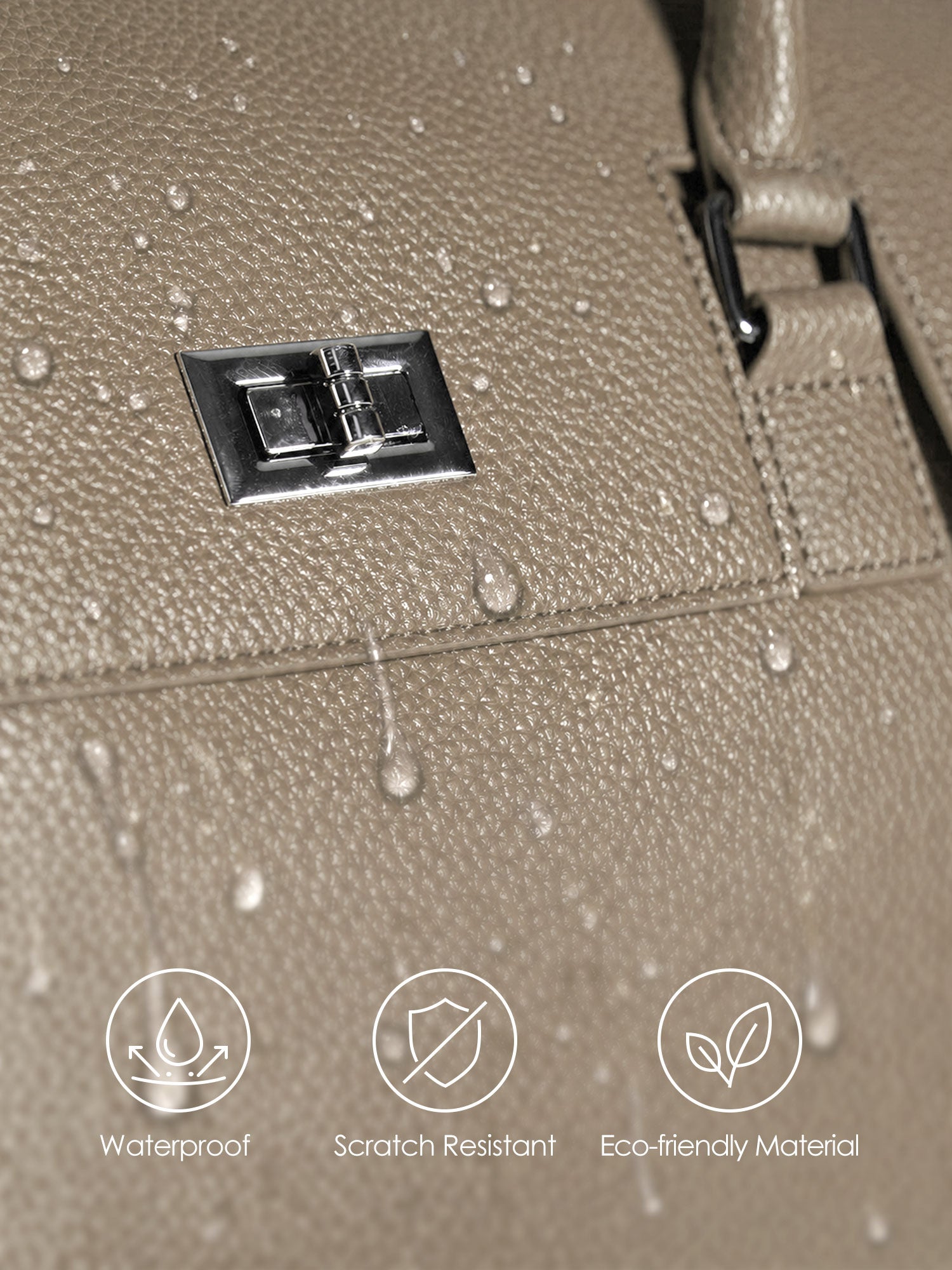 Close-up of waterproof scratch-resistant beige microfiber vegan leather and zinc alloy metal turn lock on Jolene bag