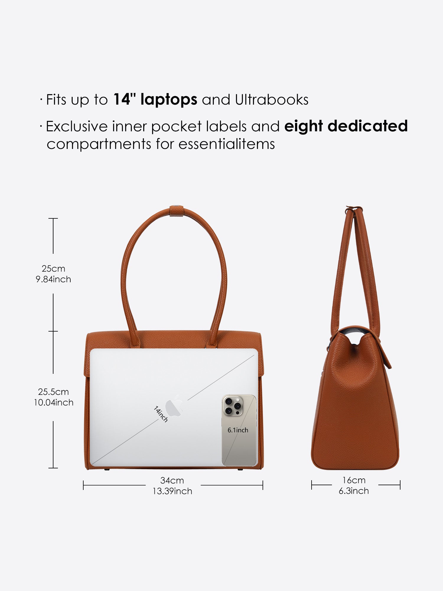 Dimensions chart of Victoria Hyde Jolene Medium brown business bag measuring 34x25.5x16cm designed for 14-inch laptops and ultrabooks
