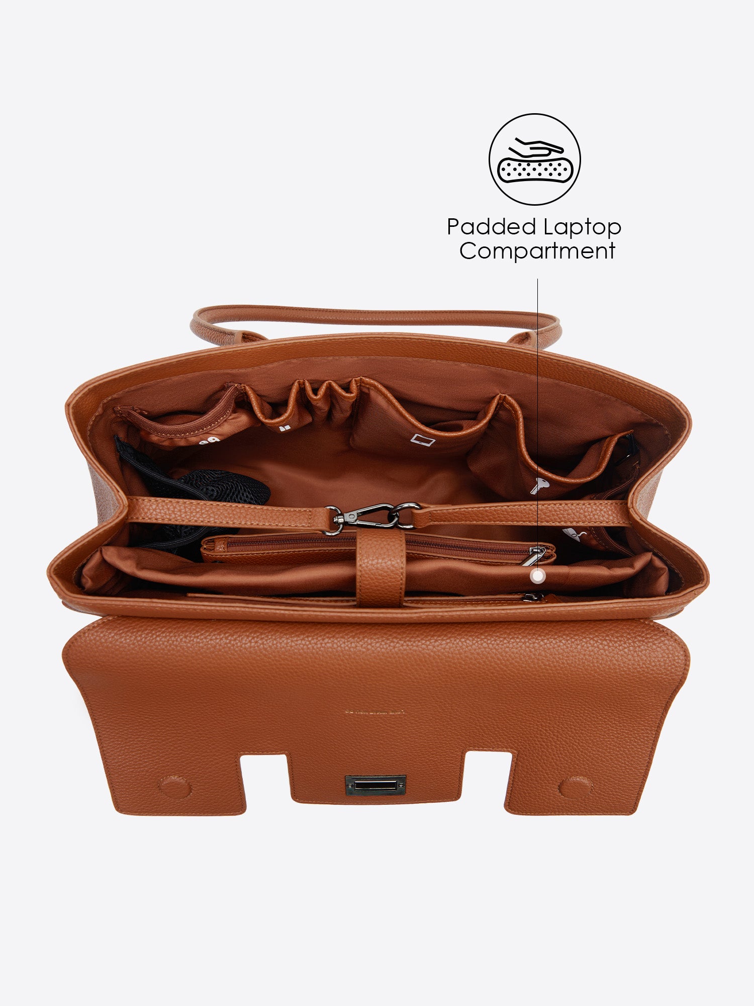 Interior view of Jolene Medium brown business bag featuring a dedicated padded 14-inch laptop compartment
