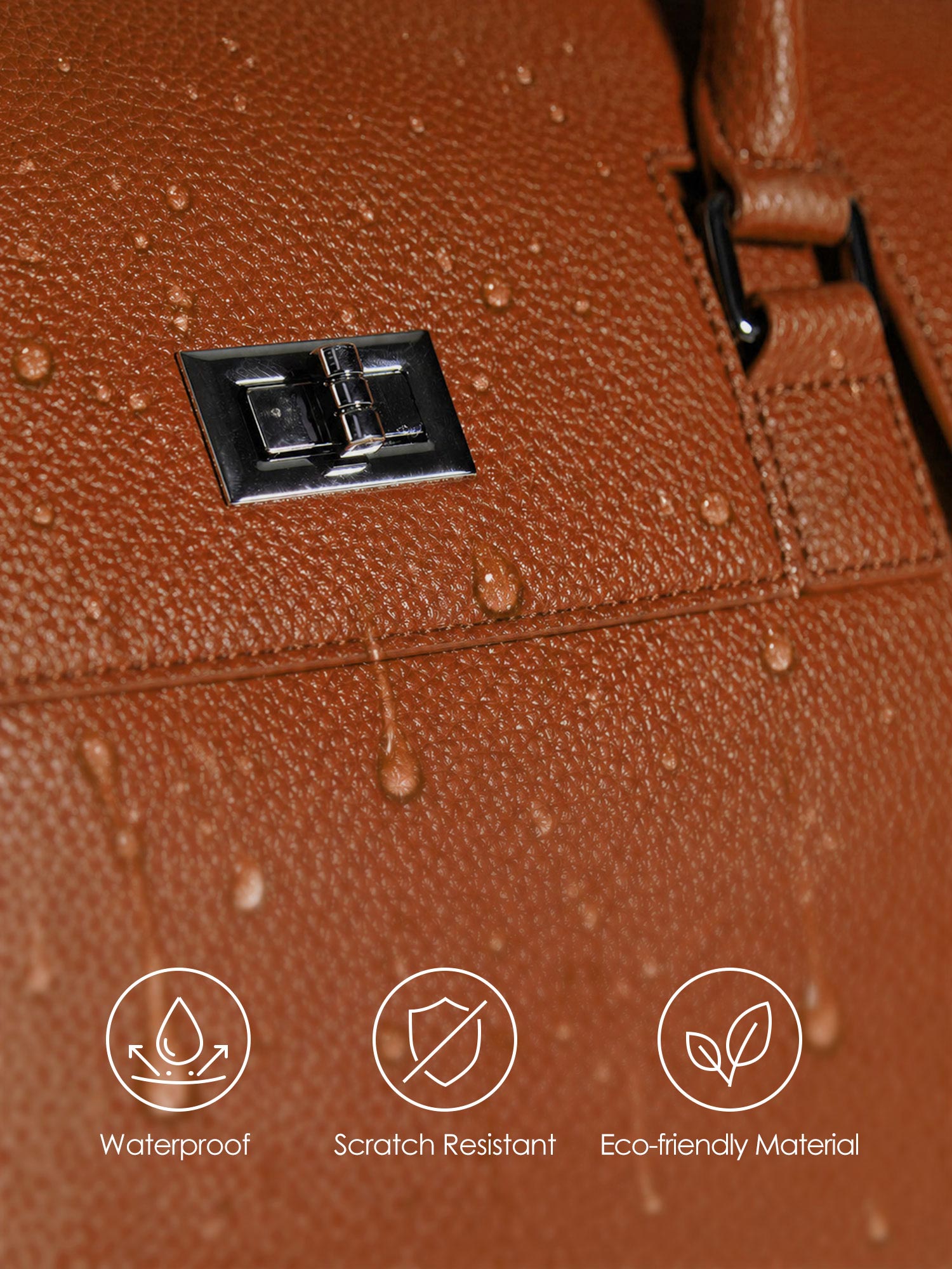 Close-up of waterproof scratch-resistant brown microfiber vegan leather and zinc alloy metal turn lock on Jolene bag