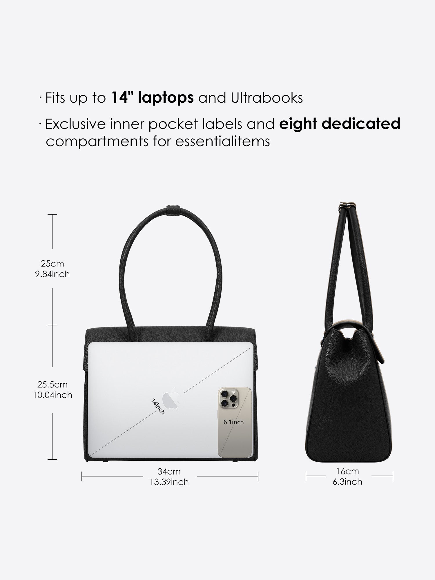 Dimensions chart of Victoria Hyde Jolene Medium black business bag measuring 34x25.5x16cm designed for 14-inch laptops and ultrabooks