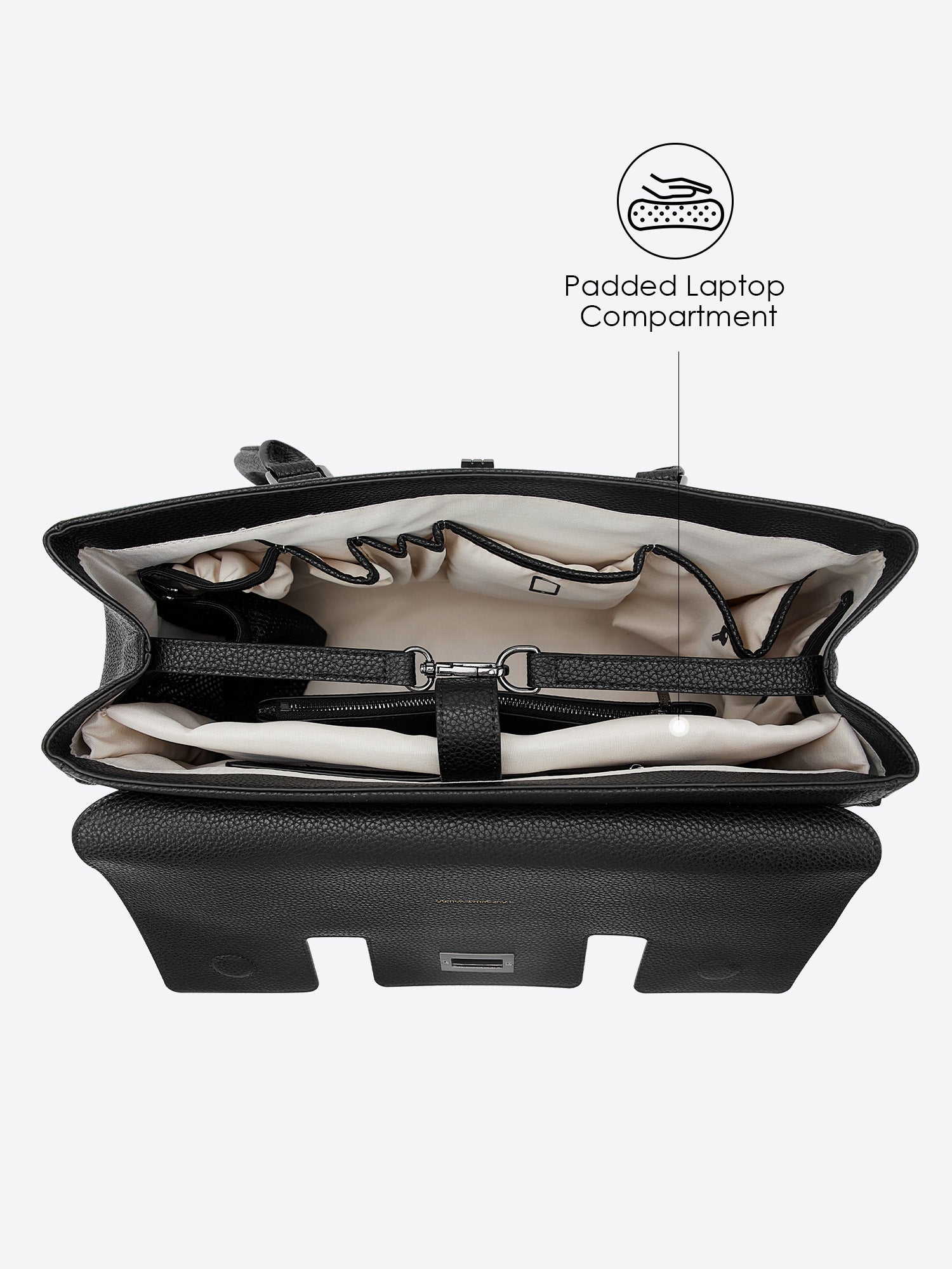 Interior view of Jolene Medium business bag showing contrast light lining and padded 14-inch laptop compartment