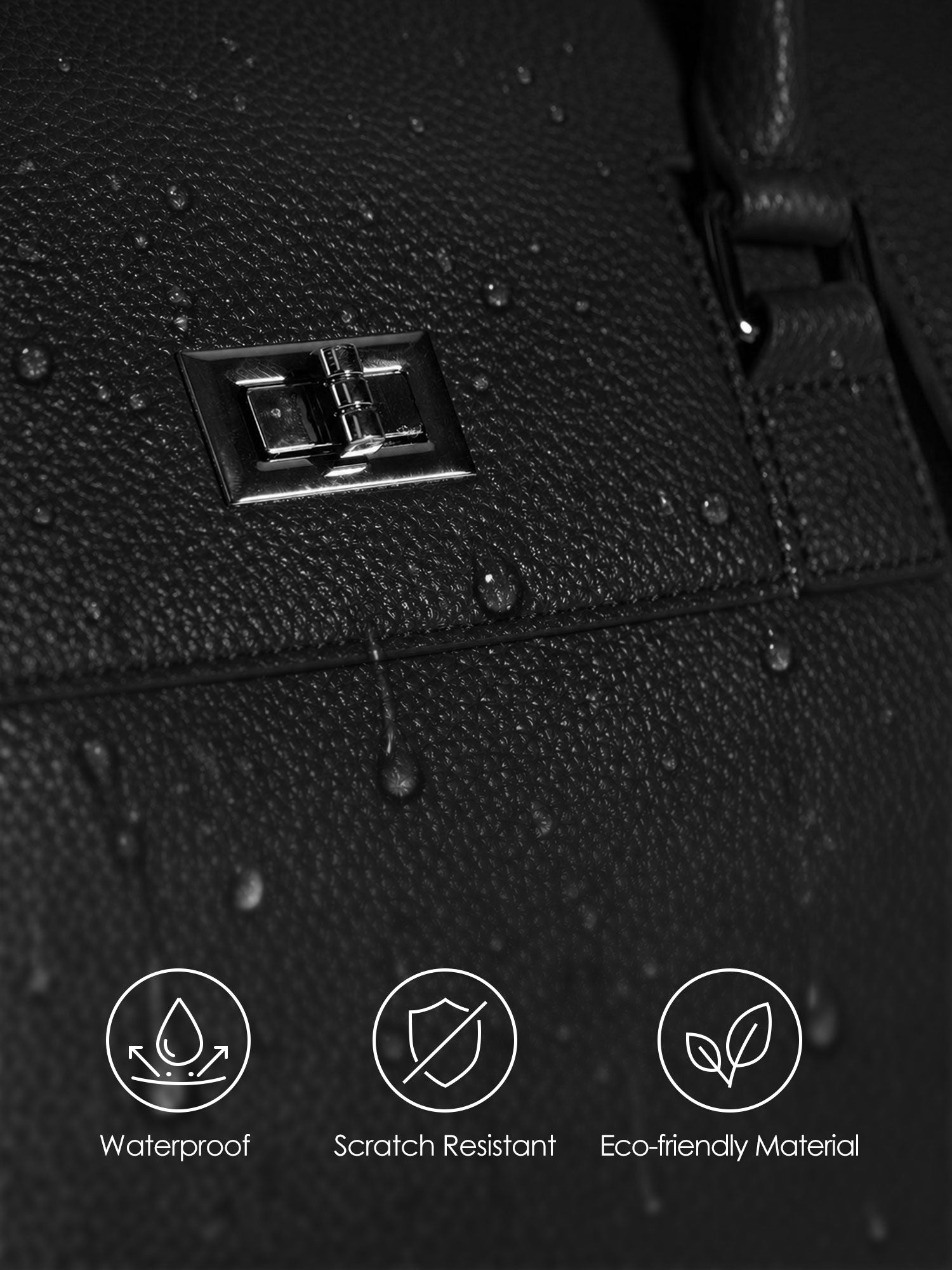 Close-up of waterproof scratch-resistant microfiber vegan leather and zinc alloy metal turn lock on Jolene bag