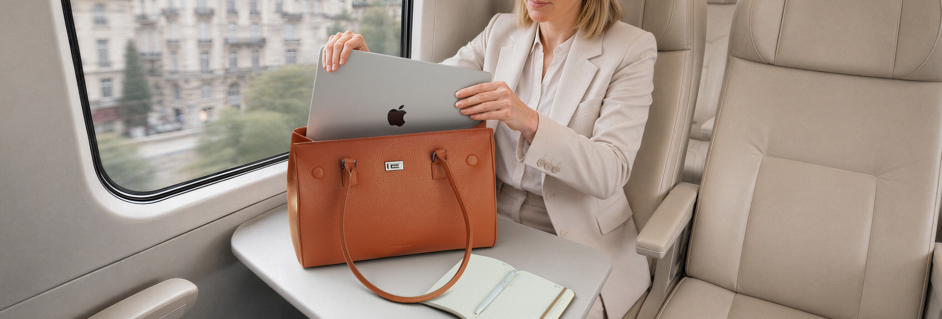 Eine elegante Geschäftsfrau im beigen Hosenanzug sitzt im Zug und steckt ihren Laptop in eine cognacbraune Victoria Hyde London Businesstasche aus der Jolene-Kollektion mit Laptopfach.