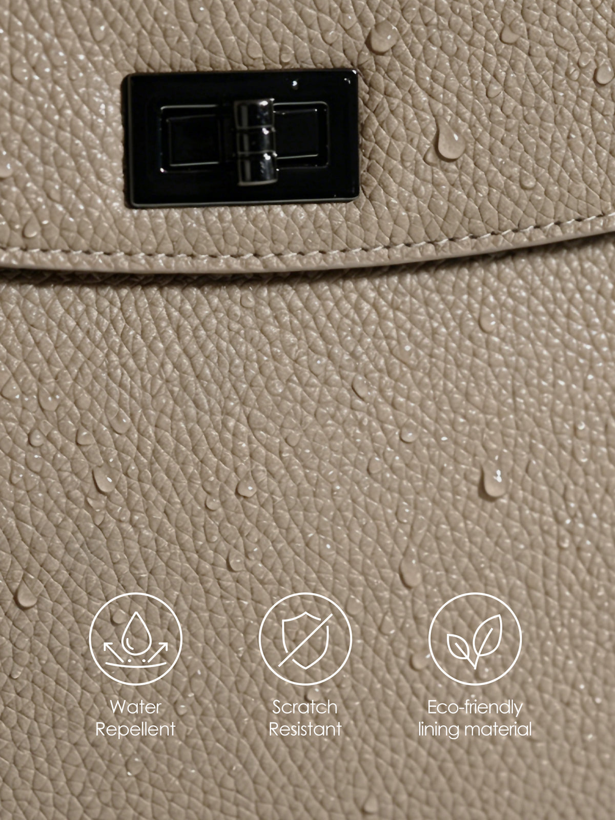 Close-up of Victoria Hyde Potter beige backpack showing water-repellent, scratch-resistant texture, metal lock, and eco-friendly lining icons