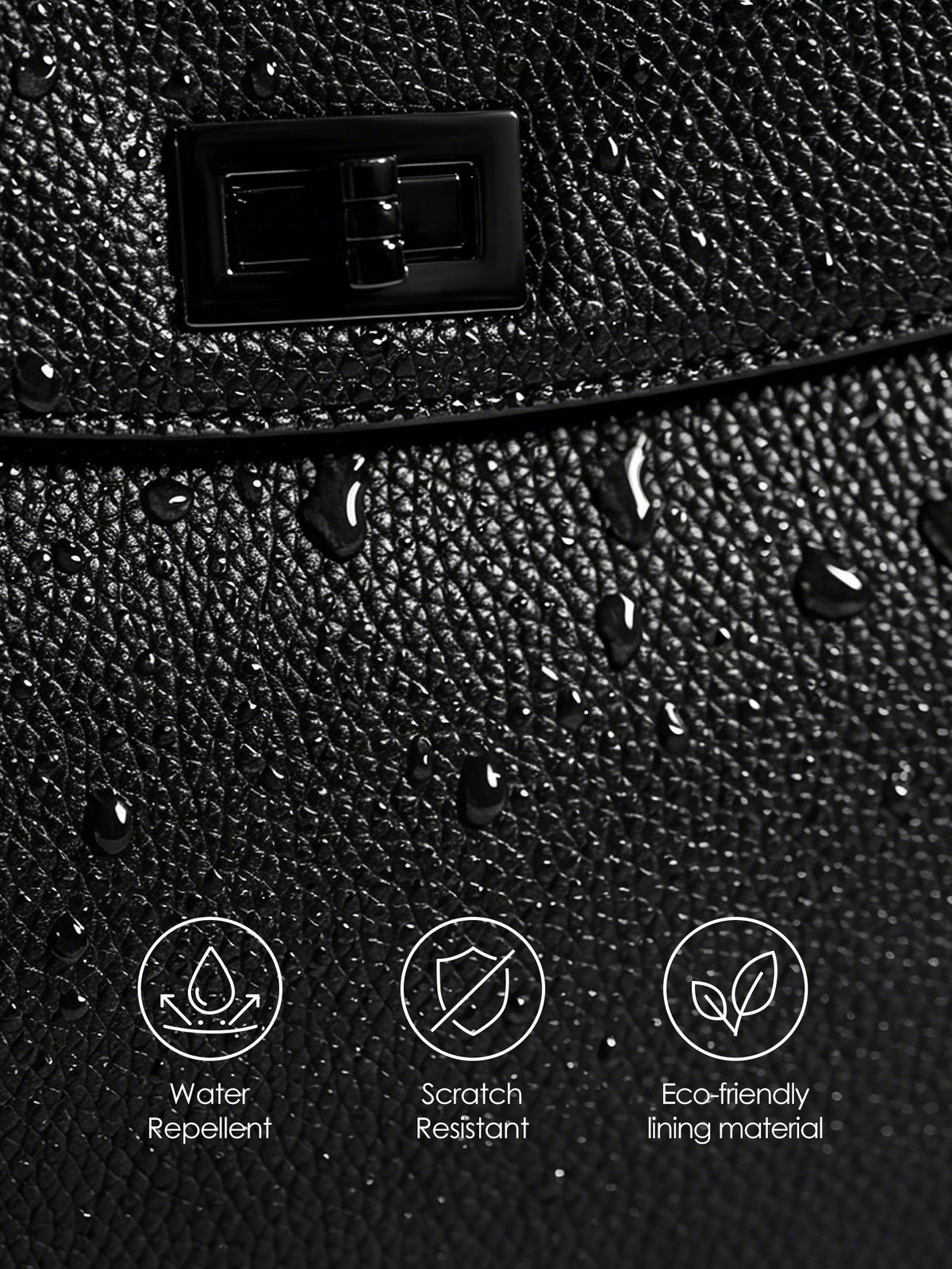 Close-up of Victoria Hyde Potter black backpack showing water-repellent, scratch-resistant texture, metal lock, and eco-friendly lining icons