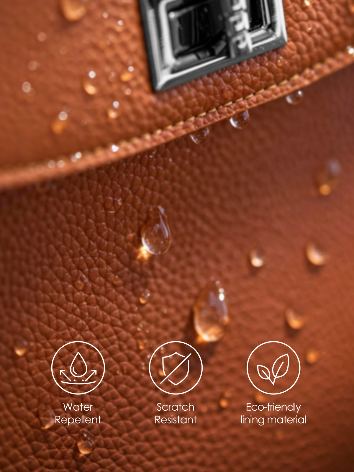 Close-up of Victoria Hyde Potter brown backpack showing water-repellent, scratch-resistant texture, metal lock, and eco-friendly lining icons