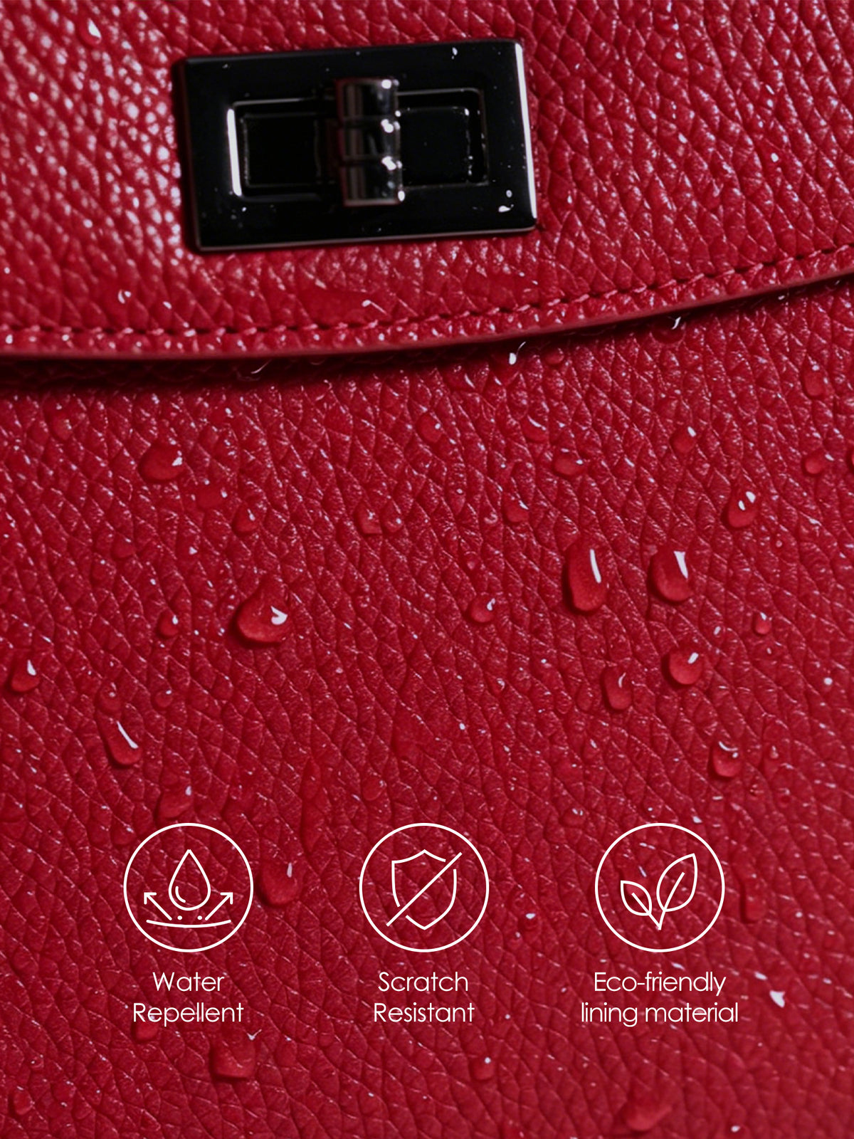Close-up of Victoria Hyde Potter red backpack showing water-repellent, scratch-resistant texture, metal lock, and eco-friendly lining icons