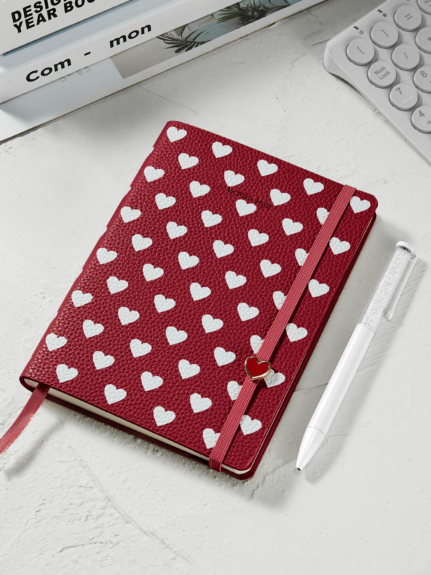 Victoria Hyde Anna Notebook in red with heart pattern and elegant white crystal pen, a perfect stationery gift set for office and journaling.