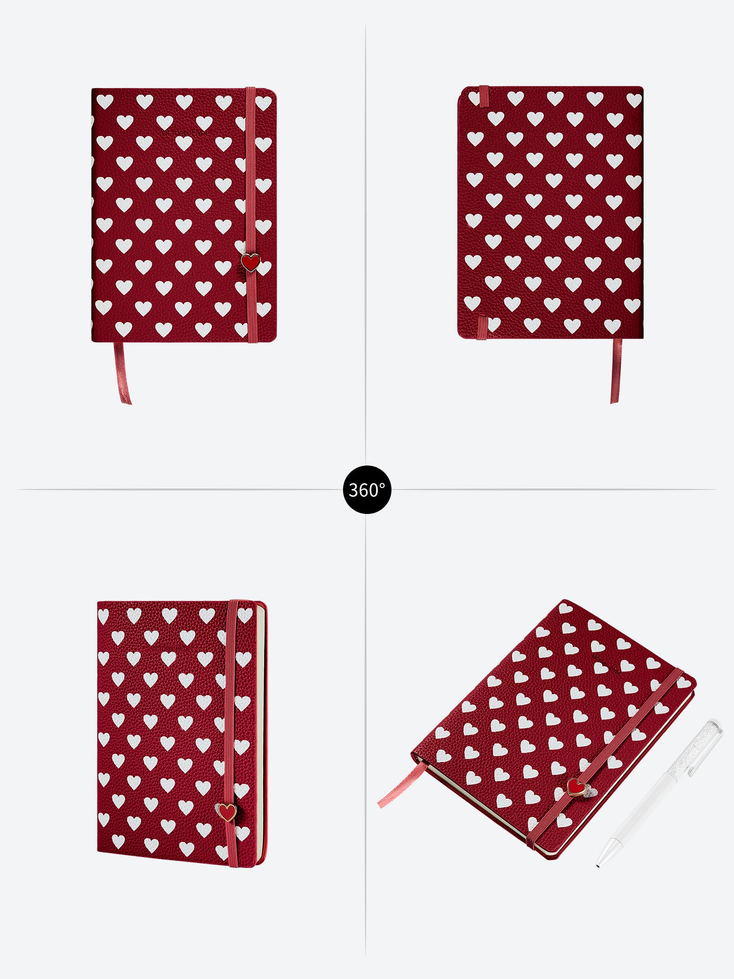 360-degree view of Victoria Hyde Anna Notebook Gift Set in red with heart pattern and white crystal pen, showing all angles of the elegant stationery.