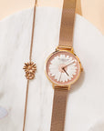 roségoldene Uhr mit 3D Blumenprint und passenden Armband