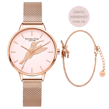 Rosegoldene Armbanduhr mit 3D Vogel und passenden Armband