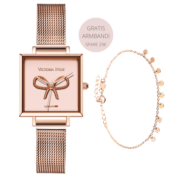Quadratische Armbanduhr mit 3D Schleife in Roségold mit passenden Armband