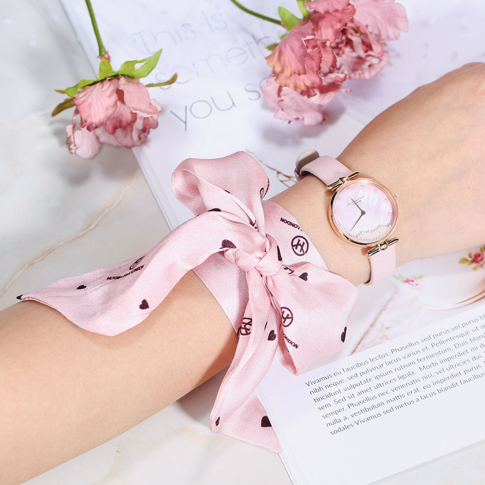 Victoria Hyde light pink silk scarf – logo print, versatile accessory for neck, wrist, or bag handle, adds a luxurious touch to any look.